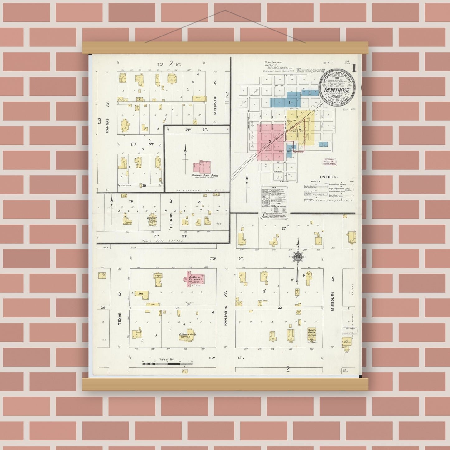 Old map wall art mockup — magnetic wood frame on brick wall — Sanborn Fire Insurance Map from Montrose, Henry County, Missouri (1910) - Complete Map Set