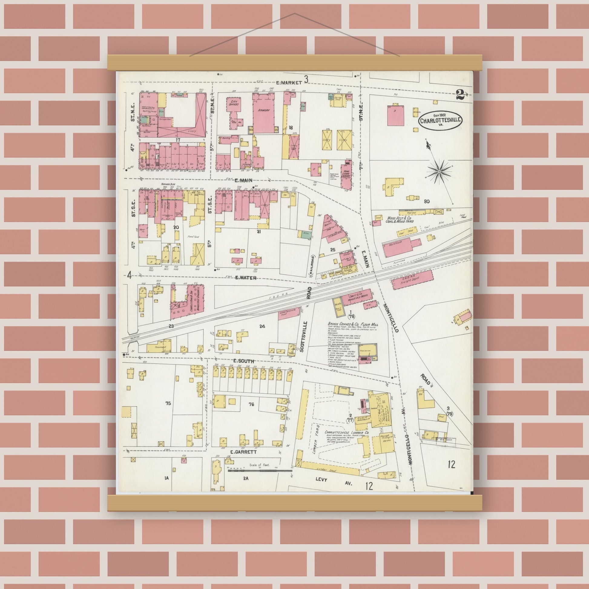 Old map wall art mockup — magnetic wood frame on brick wall — Sanborn Fire Insurance Map from Charlottesville, Independent Cities, Virginia (1902), Sheet #0002
