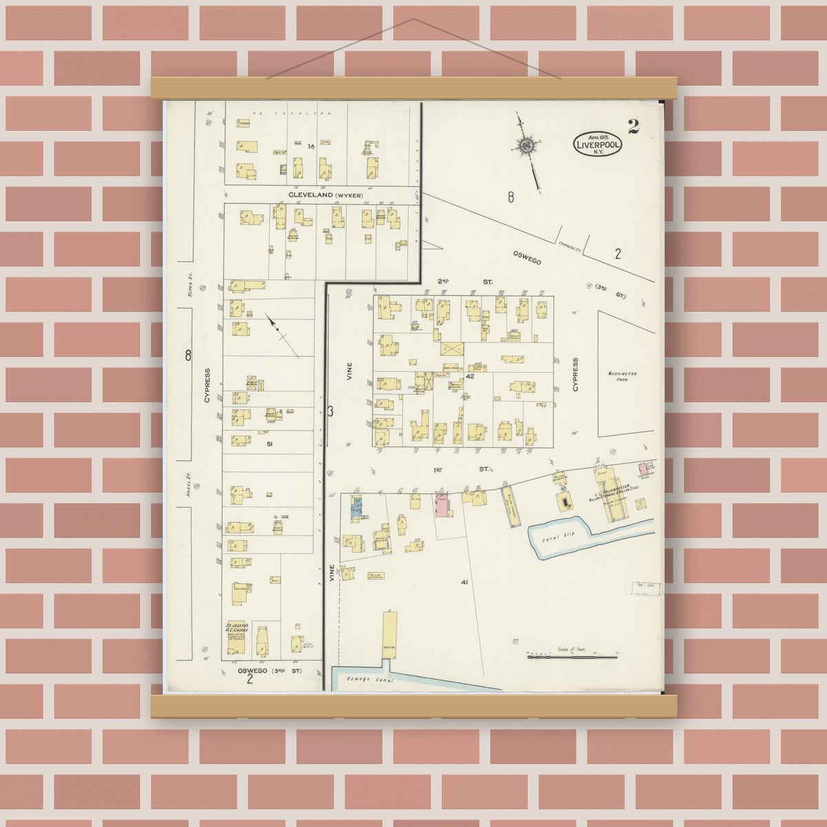 Old map wall art mockup — magnetic wood frame on brick wall — Sanborn Fire Insurance Map from Liverpool, Onondaga County, New York (1915), Sheet #0002