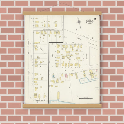 Old map wall art mockup — magnetic wood frame on brick wall — Sanborn Fire Insurance Map from Liverpool, Onondaga County, New York (1915), Sheet #0002