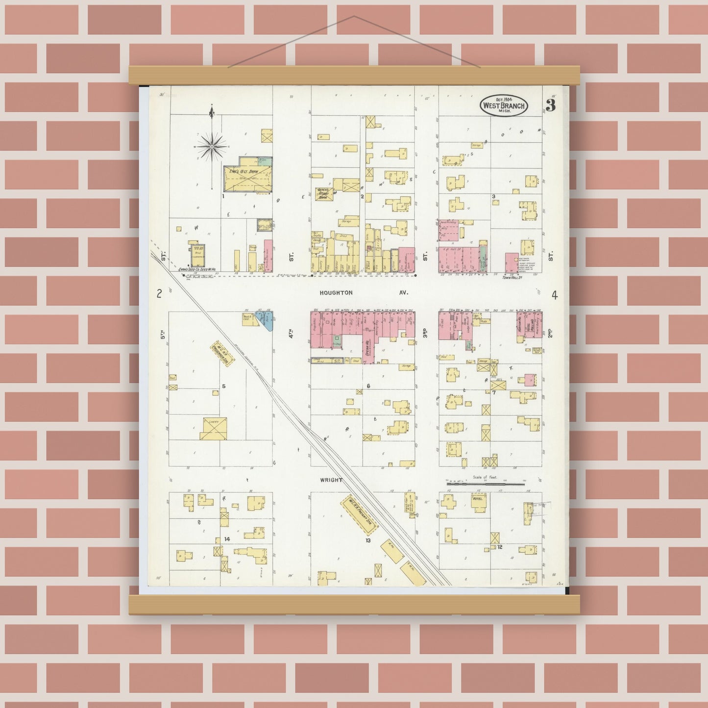 Old map wall art mockup — magnetic wood frame on brick wall — Sanborn Fire Insurance Map from West Branch, Ogemaw County, Michigan (1904), Sheet #0003