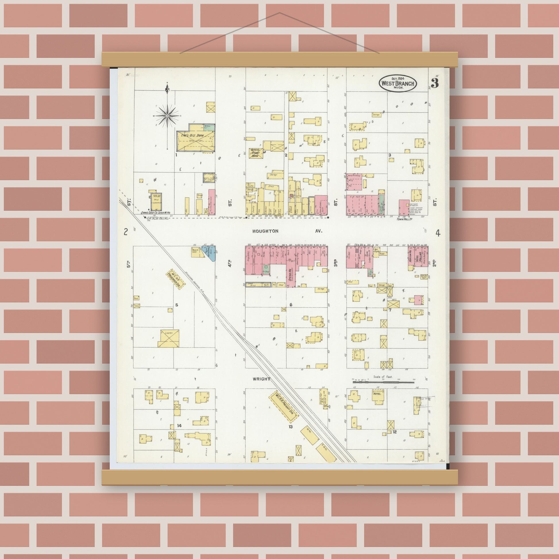 Old map wall art mockup — magnetic wood frame on brick wall — Sanborn Fire Insurance Map from West Branch, Ogemaw County, Michigan (1904), Sheet #0003