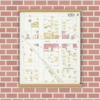 Old map wall art mockup — magnetic wood frame on brick wall — Sanborn Fire Insurance Map from West Branch, Ogemaw County, Michigan (1904), Sheet #0003