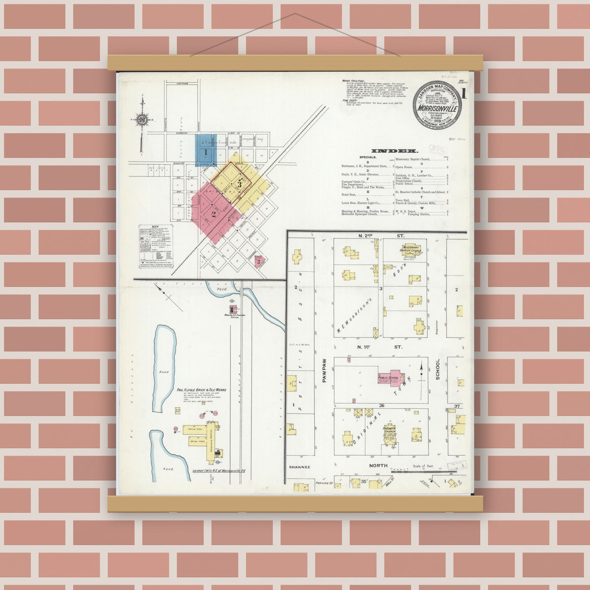 Old map wall art mockup — magnetic wood frame on brick wall — Sanborn Fire Insurance Map from Morrisonville, Christian County, Illinois (1909), Sheet #0001
