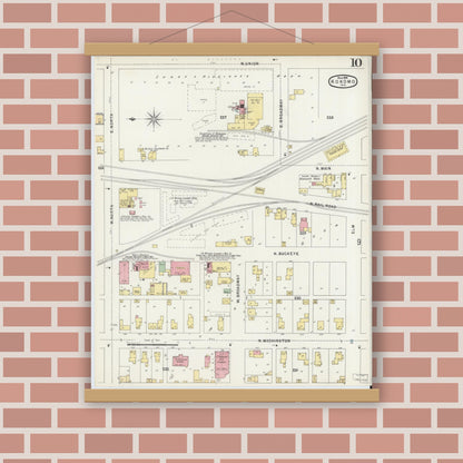 Old map wall art mockup — magnetic wood frame on brick wall — Sanborn Fire Insurance Map from Kokomo, Howard County, Indiana (1896), Sheet #0010