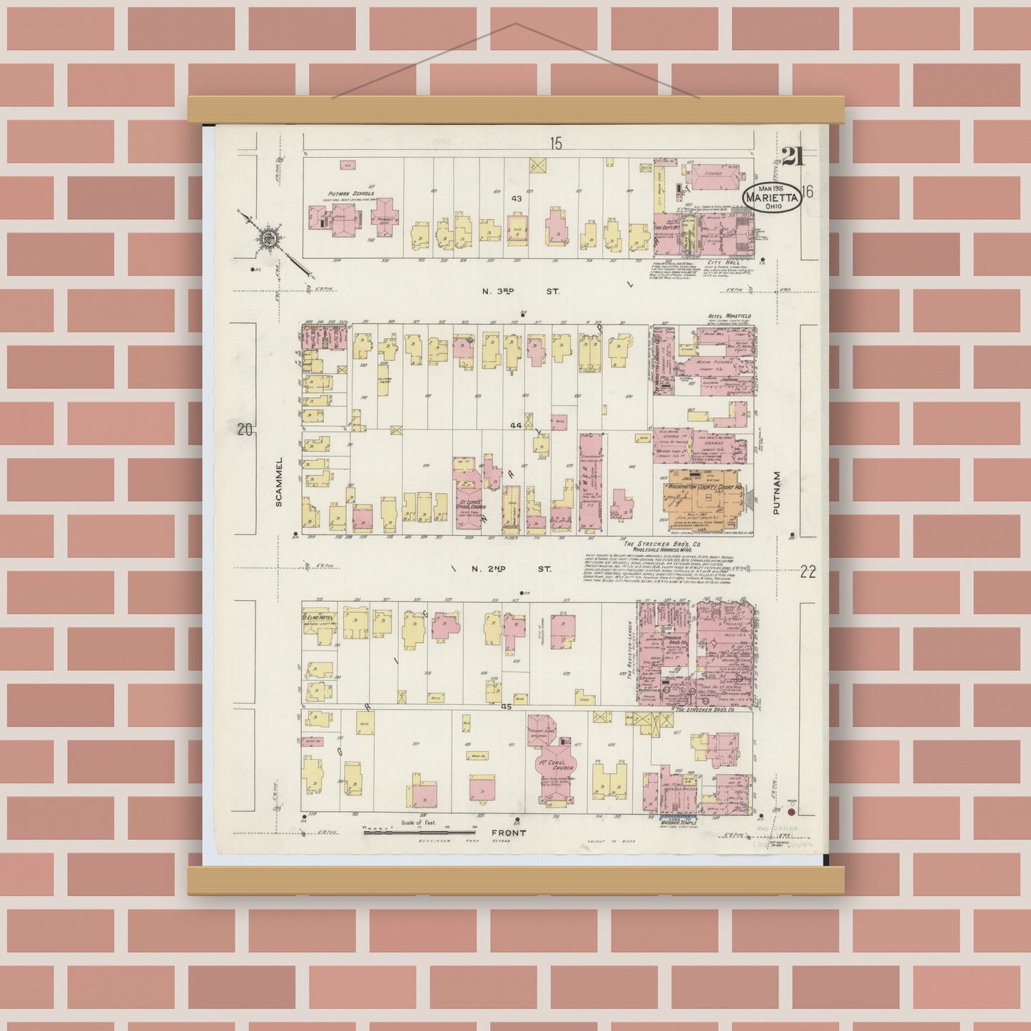 Old map wall art mockup — magnetic wood frame on brick wall — Sanborn Fire Insurance Map from Marietta, Washington County, Ohio (1915), Sheet #0021