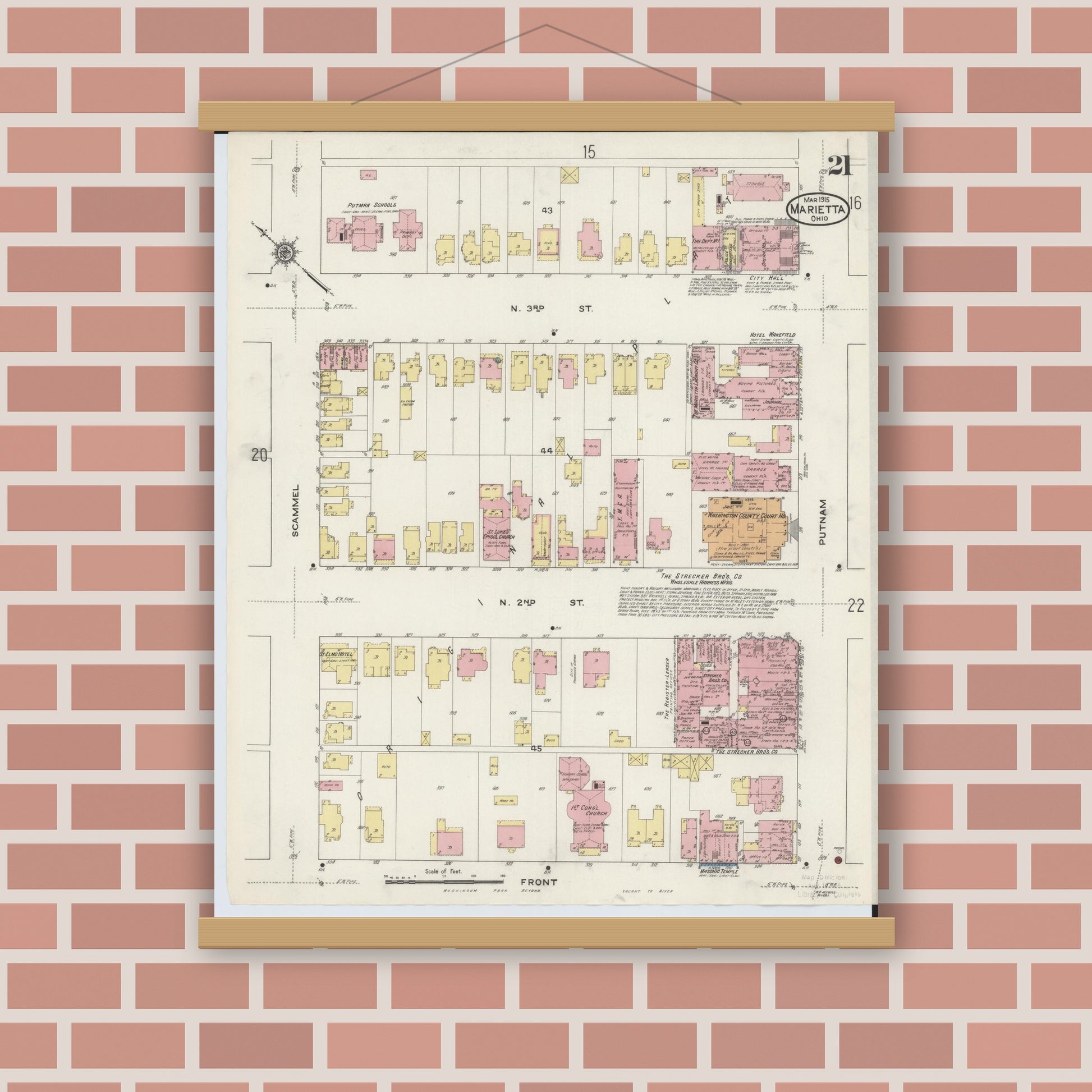 Old map wall art mockup — magnetic wood frame on brick wall — Sanborn Fire Insurance Map from Marietta, Washington County, Ohio (1915), Sheet #0021