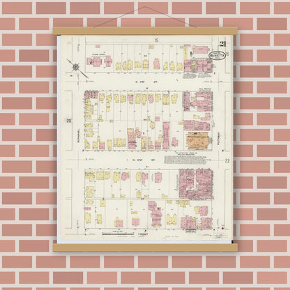 Old map wall art mockup — magnetic wood frame on brick wall — Sanborn Fire Insurance Map from Marietta, Washington County, Ohio (1915), Sheet #0021