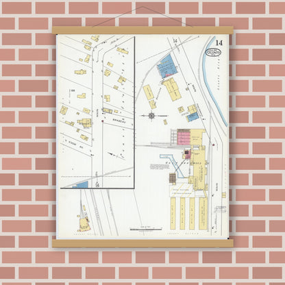Old map wall art mockup — magnetic wood frame on brick wall — Sanborn Fire Insurance Map from Oconto, Oconto County, Wisconsin (1919), Sheet #0014