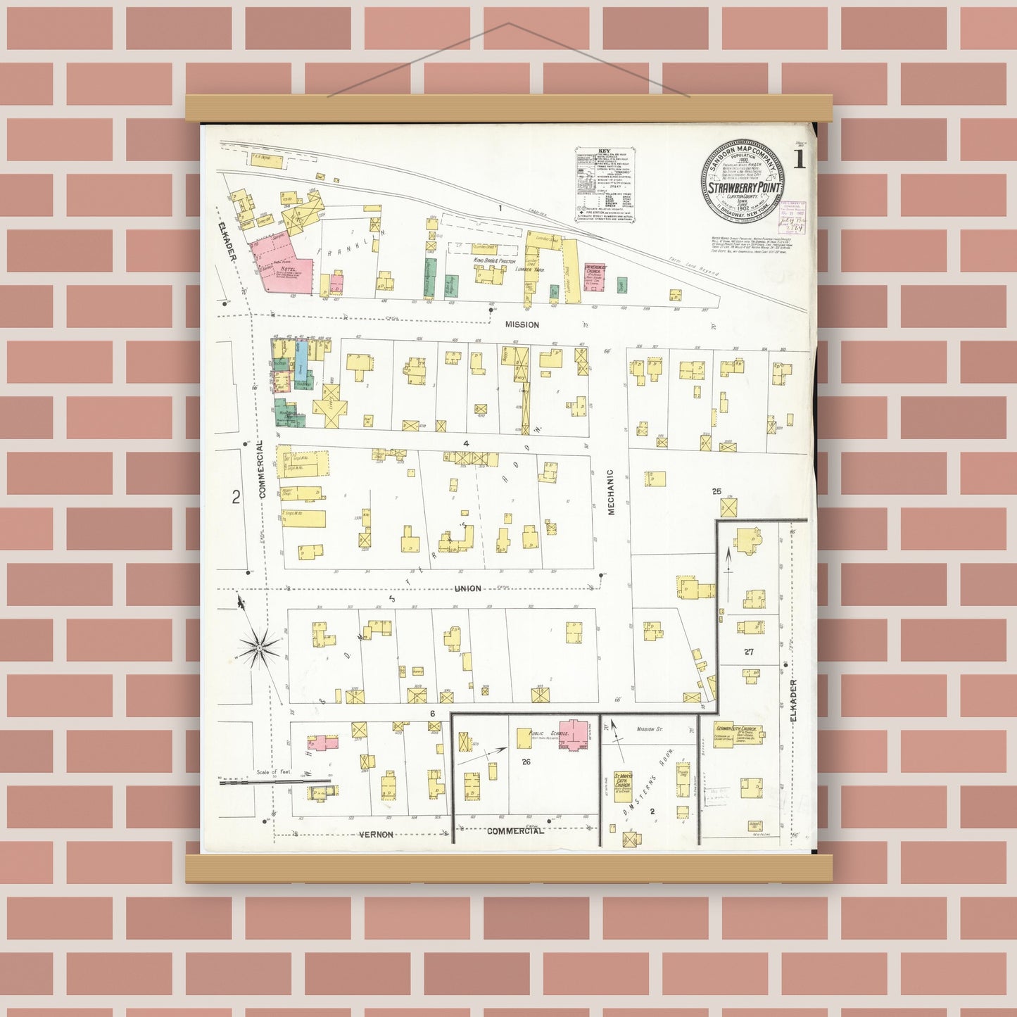 Old map wall art mockup — magnetic wood frame on brick wall — Sanborn Fire Insurance Map from Strawberry Point, Clayton County, Iowa (1902), Sheet #0001