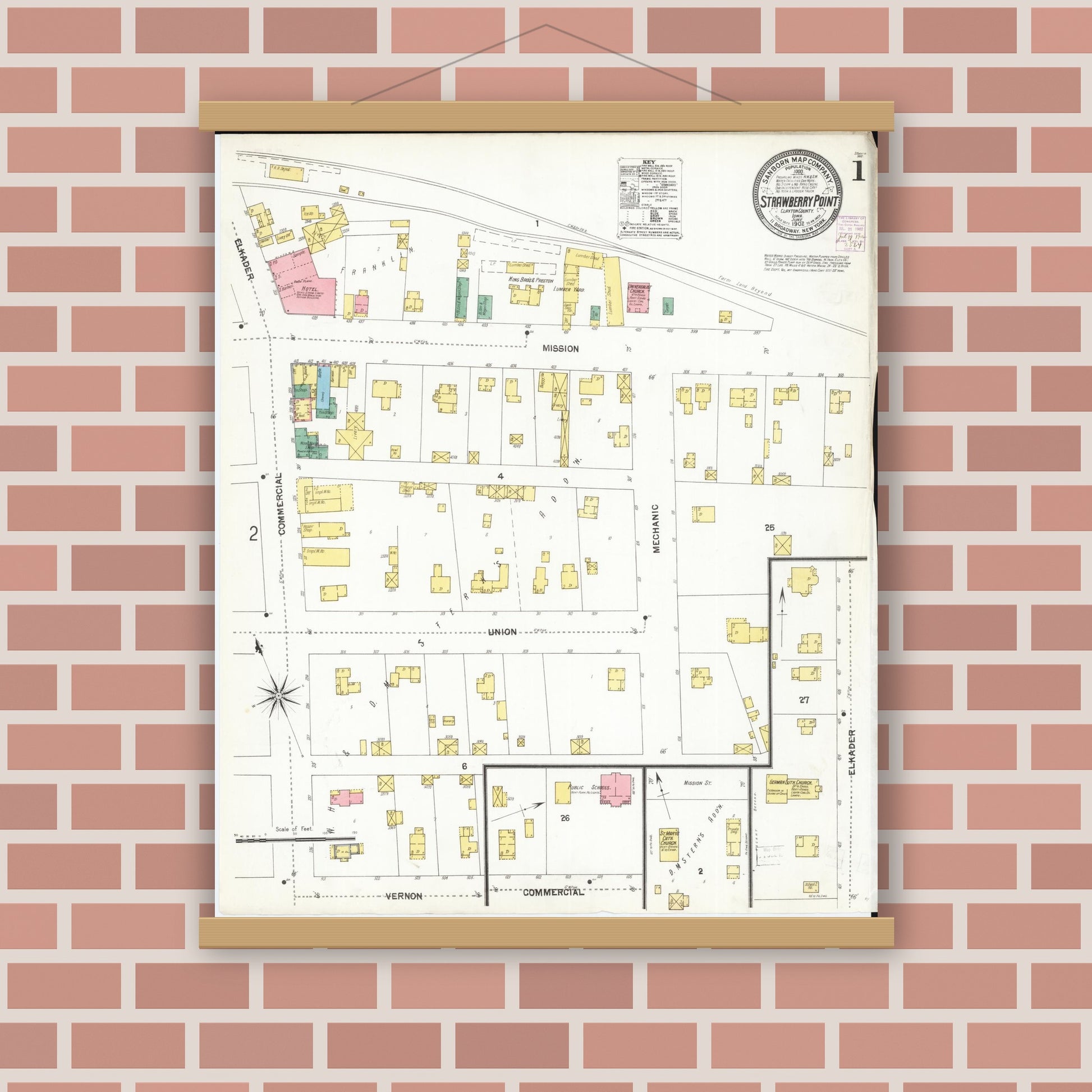 Old map wall art mockup — magnetic wood frame on brick wall — Sanborn Fire Insurance Map from Strawberry Point, Clayton County, Iowa (1902), Sheet #0001