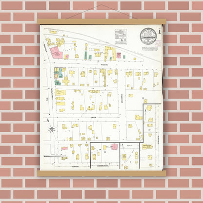 Old map wall art mockup — magnetic wood frame on brick wall — Sanborn Fire Insurance Map from Strawberry Point, Clayton County, Iowa (1902), Sheet #0001