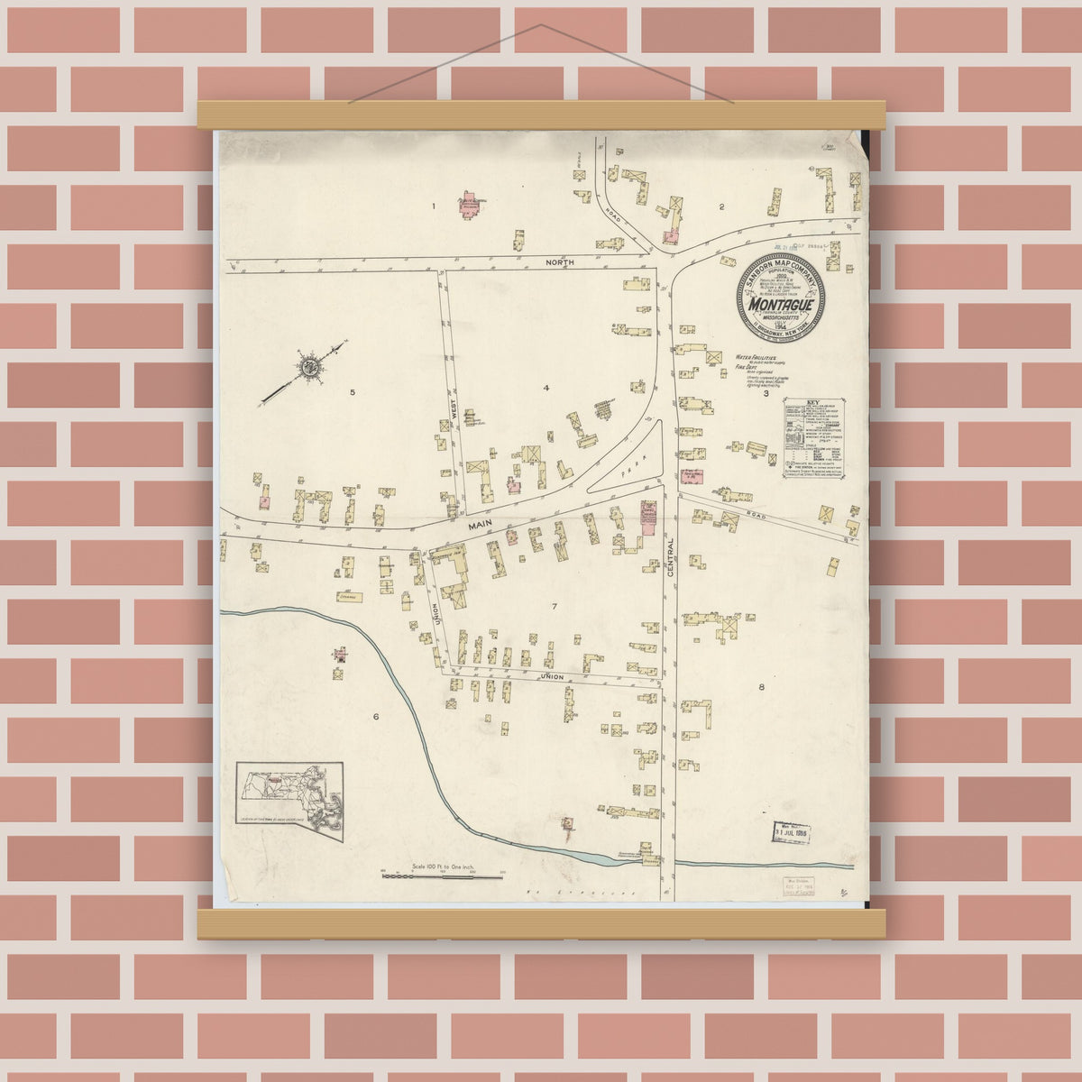 Old map wall art mockup — magnetic wood frame on brick wall — Sanborn Fire Insurance Map from Montague, Franklin County, Massachusetts (1914), Sheet #0001