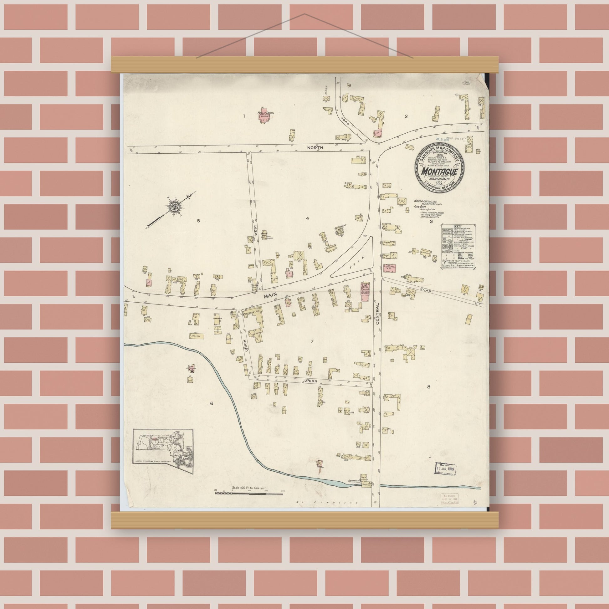 Old map wall art mockup — magnetic wood frame on brick wall — Sanborn Fire Insurance Map from Montague, Franklin County, Massachusetts (1914), Sheet #0001