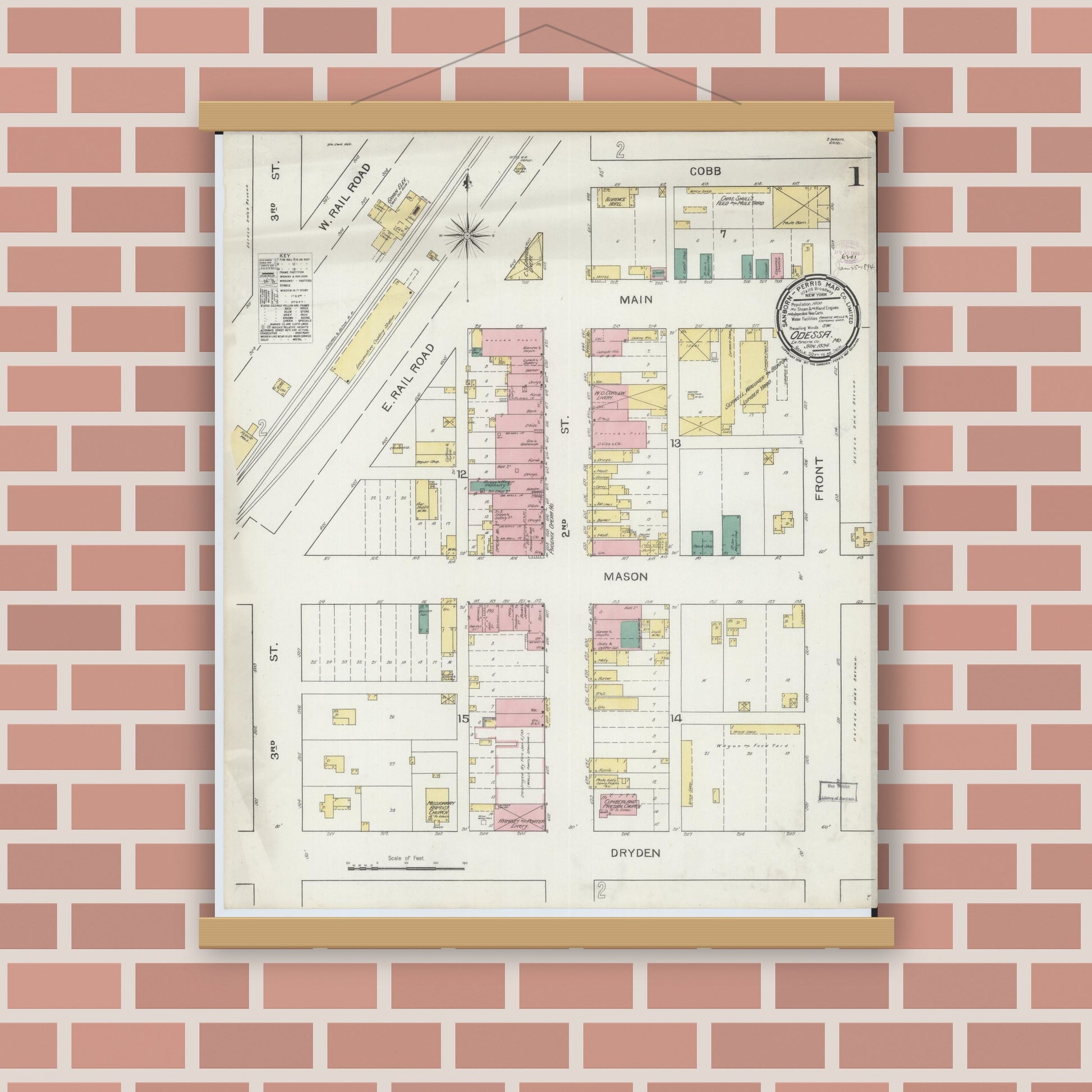 Old map wall art mockup — magnetic wood frame on brick wall — Sanborn Fire Insurance Map from Odessa, Lafayette County, Missouri (1894) - Complete Map Set