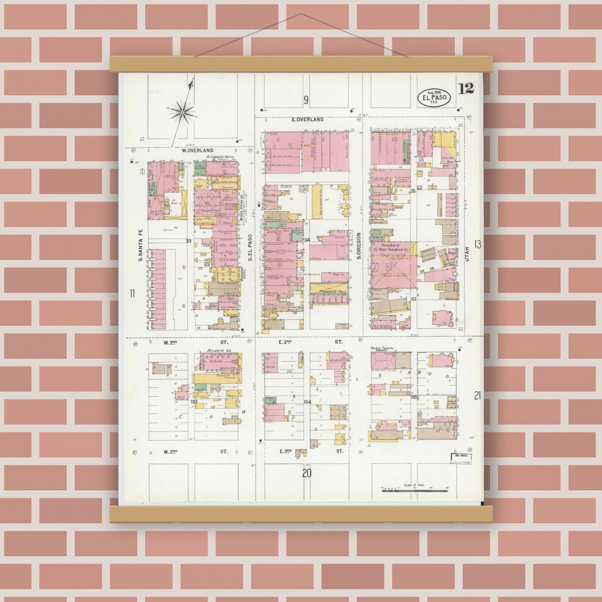 Old map wall art mockup — magnetic wood frame on brick wall — Sanborn Fire Insurance Map from El Paso, El Paso County, Texas (1900), Sheet #0012