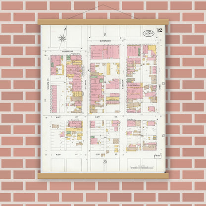 Old map wall art mockup — magnetic wood frame on brick wall — Sanborn Fire Insurance Map from El Paso, El Paso County, Texas (1900), Sheet #0012