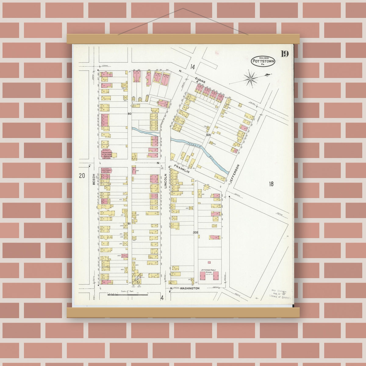Old map wall art mockup — magnetic wood frame on brick wall — Sanborn Fire Insurance Map from Pottstown, Montgomery County, Pennsylvania (1909), Sheet #0019