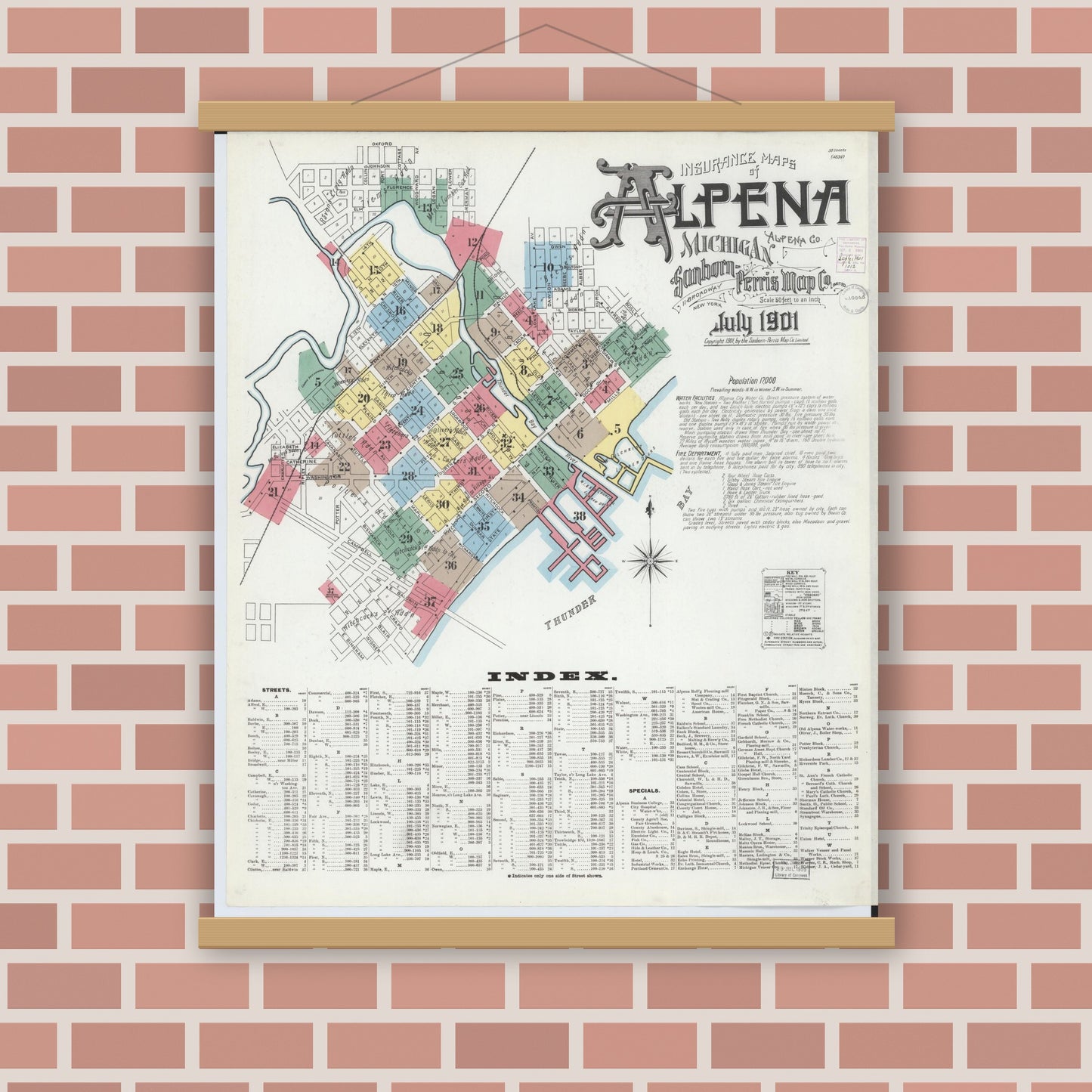 Old map wall art mockup — magnetic wood frame on brick wall — Sanborn Fire Insurance Map from Alpena, Alpena County, Michigan (1901), Sheet #0001