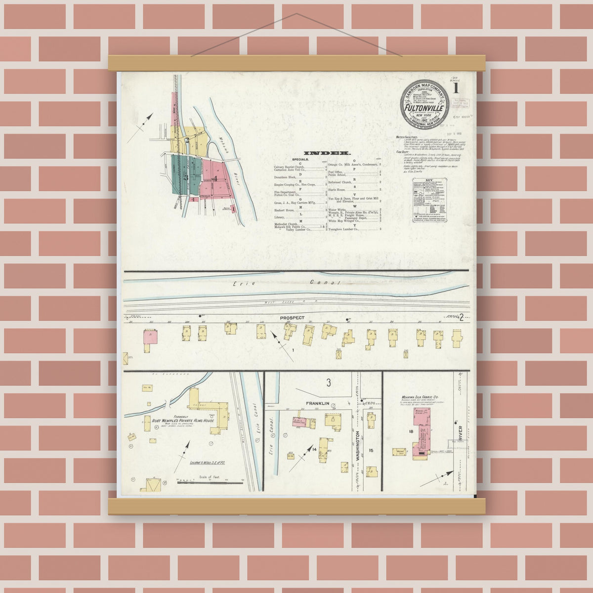 Old map wall art mockup — magnetic wood frame on brick wall — Sanborn Fire Insurance Map from Fultonville, Montgomery County, New York (1912), Sheet #0001