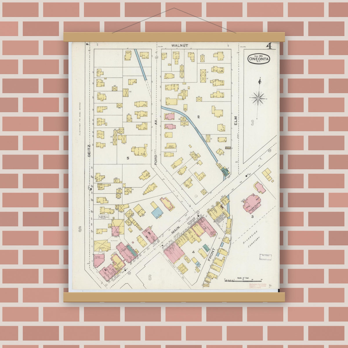 Old map wall art mockup — magnetic wood frame on brick wall — Sanborn Fire Insurance Map from Oneonta, Otsego County, New York (1893), Sheet #0004