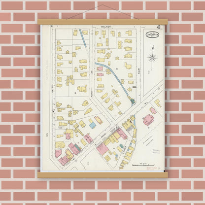 Old map wall art mockup — magnetic wood frame on brick wall — Sanborn Fire Insurance Map from Oneonta, Otsego County, New York (1893), Sheet #0004