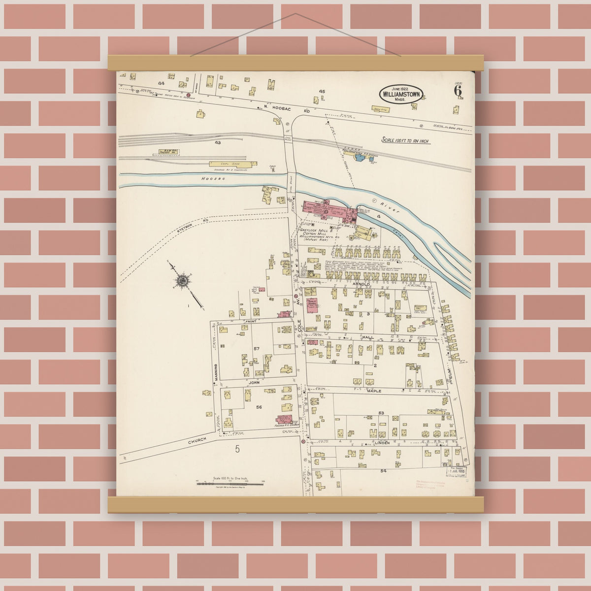 Old map wall art mockup — magnetic wood frame on brick wall — Sanborn Fire Insurance Map from Williamstown, Berkshire County, Massachusetts (1922), Sheet #0006