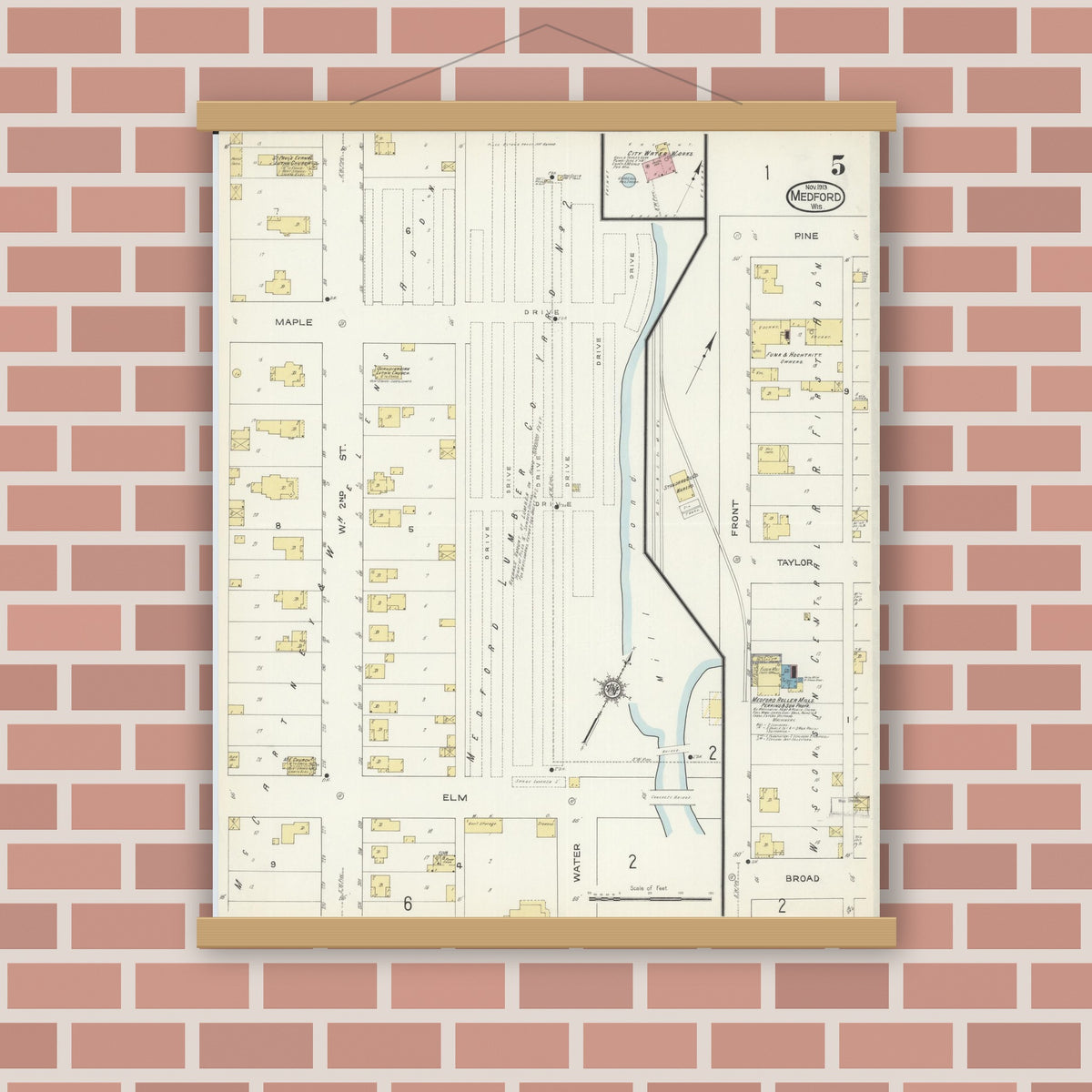 Old map wall art mockup — magnetic wood frame on brick wall — Sanborn Fire Insurance Map from Medford, Taylor County, Wisconsin (1913), Sheet #0005