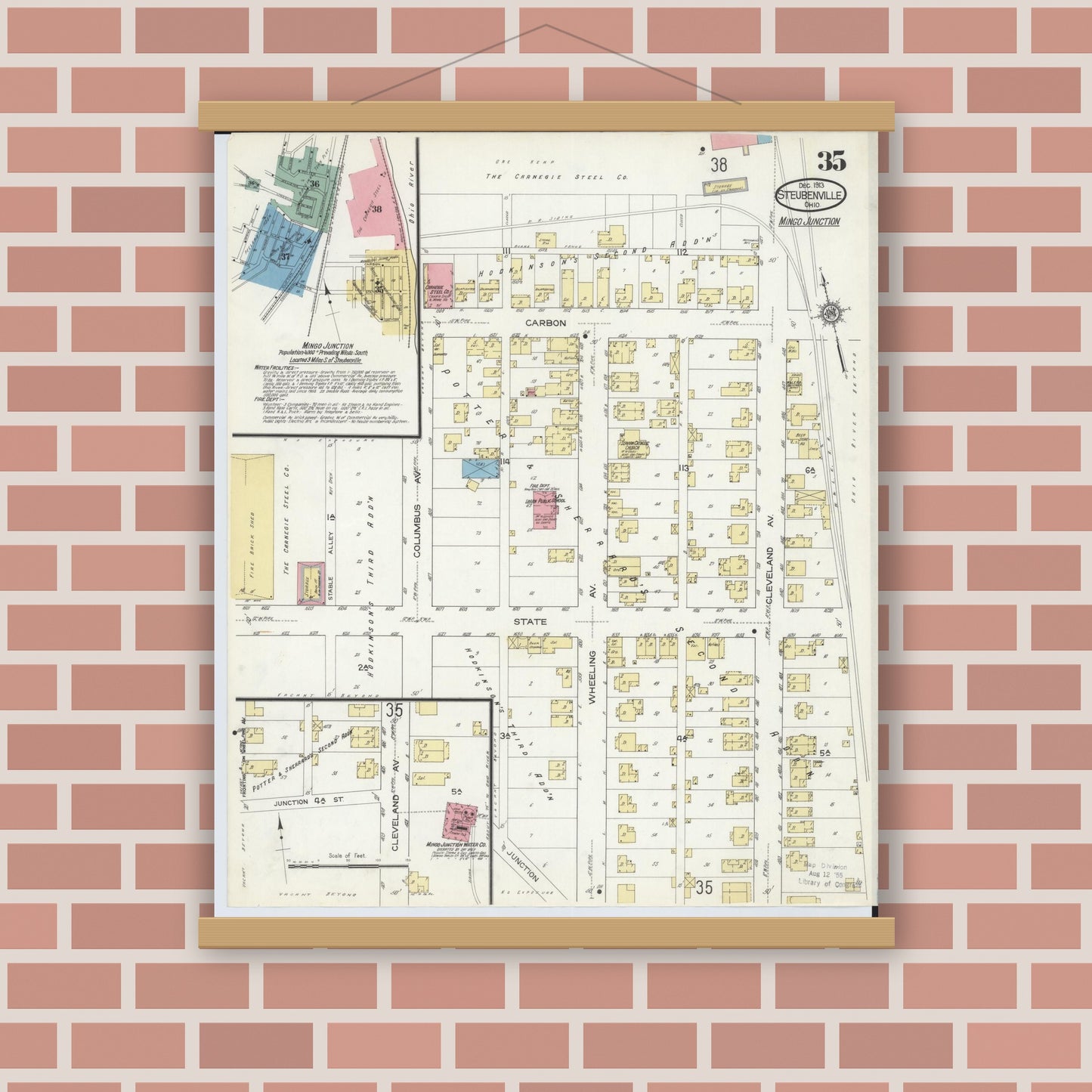 Old map wall art mockup — magnetic wood frame on brick wall — Sanborn Fire Insurance Map from Steubenville, Jefferson County, Ohio (1913), Sheet #0035