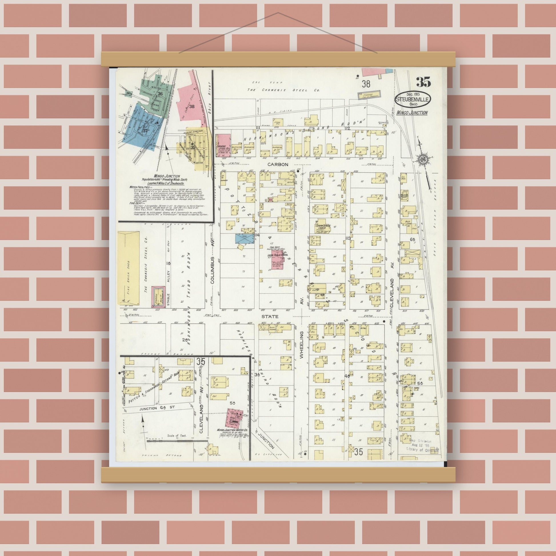 Old map wall art mockup — magnetic wood frame on brick wall — Sanborn Fire Insurance Map from Steubenville, Jefferson County, Ohio (1913), Sheet #0035