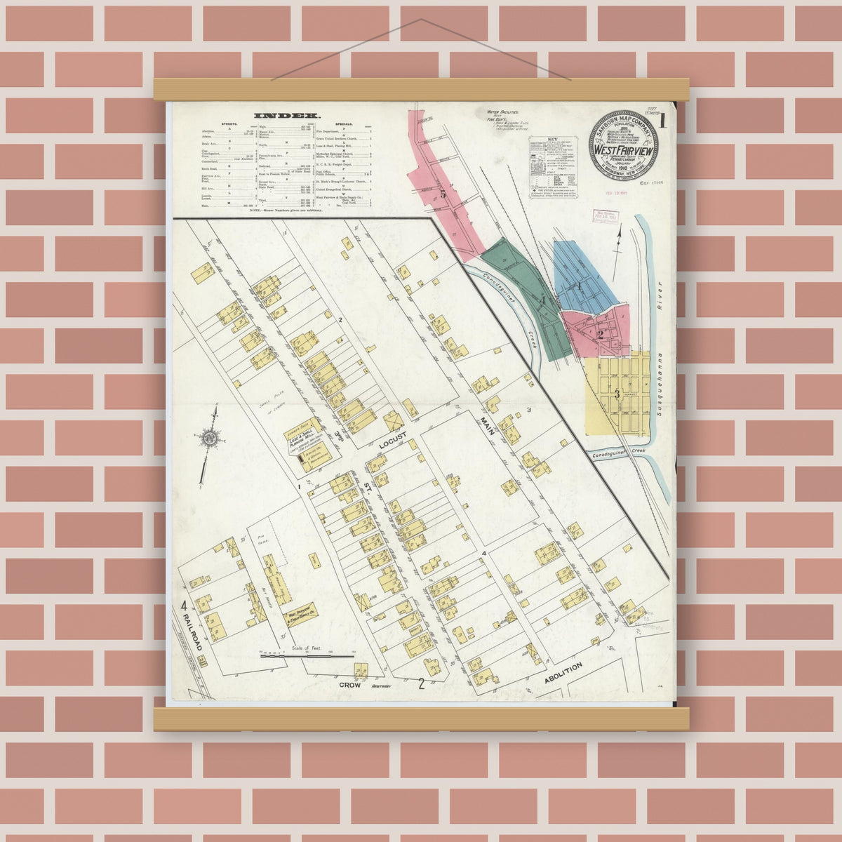 Old map wall art mockup — magnetic wood frame on brick wall — Sanborn Fire Insurance Map from West Fairview, Cumberland County, Pennsylvania (1910) - Complete Map Set
