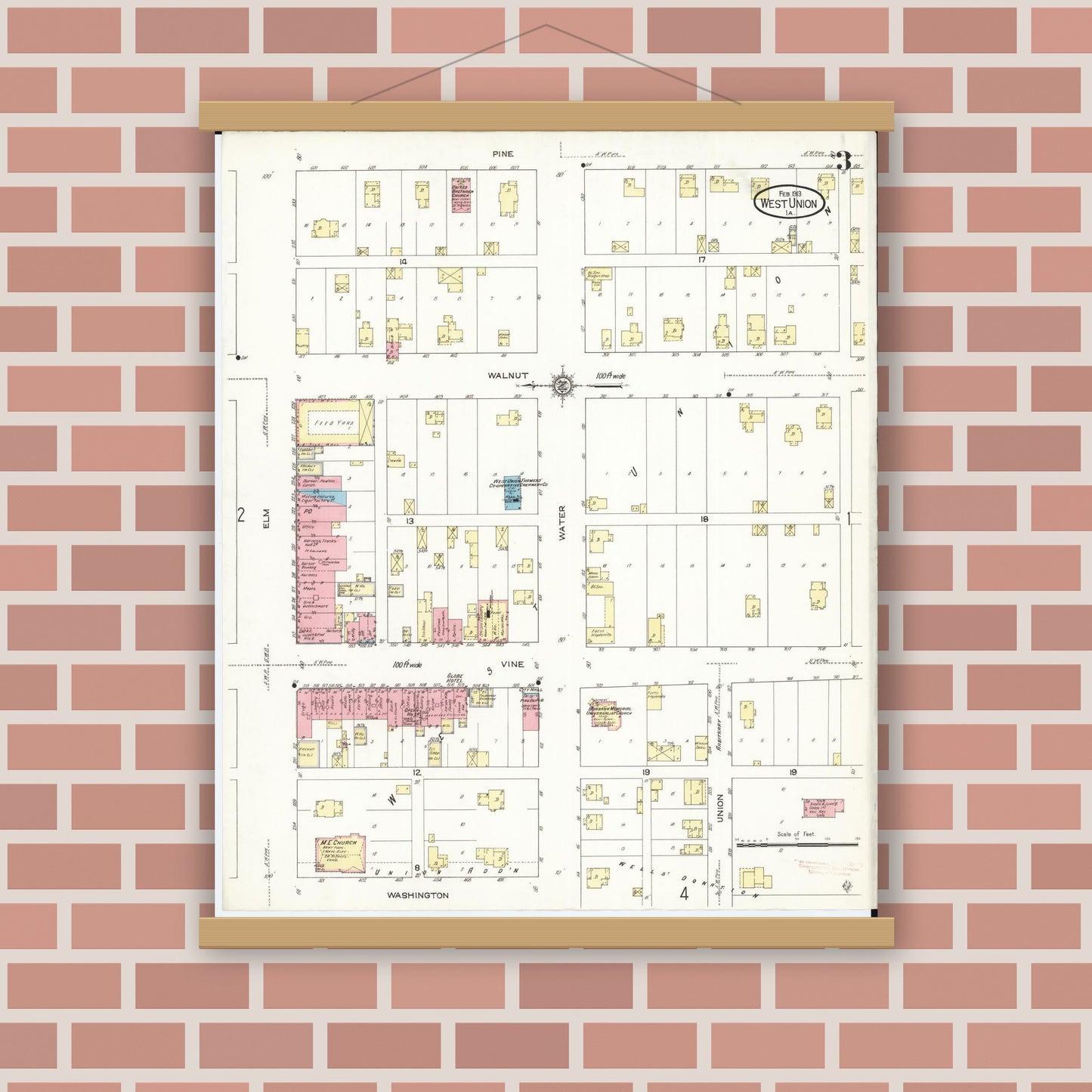 Old map wall art mockup — magnetic wood frame on brick wall — Sanborn Fire Insurance Map from West Union, Fayette County, Iowa (1913), Sheet #0003