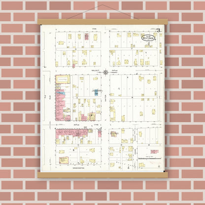 Old map wall art mockup — magnetic wood frame on brick wall — Sanborn Fire Insurance Map from West Union, Fayette County, Iowa (1913), Sheet #0003