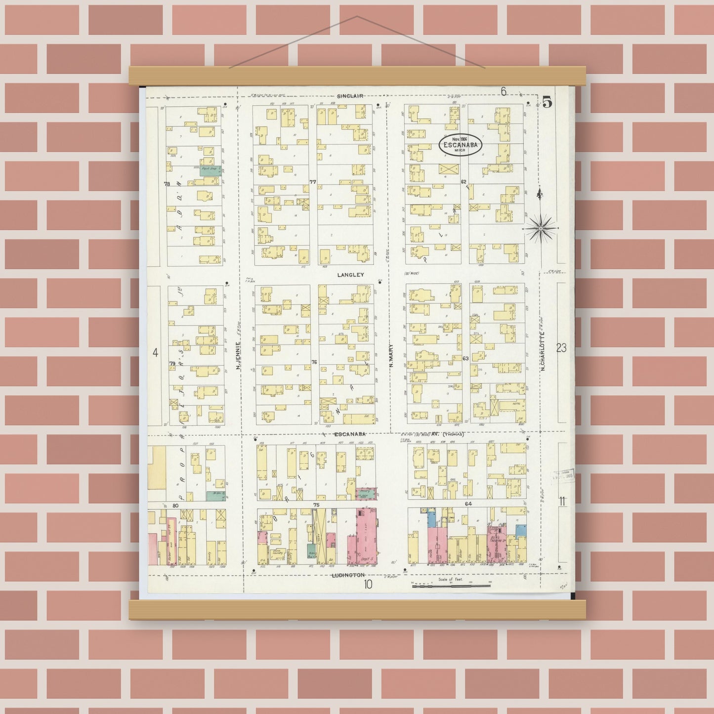 Old map wall art mockup — magnetic wood frame on brick wall — Sanborn Fire Insurance Map from Escanaba, Delta County, Michigan (1906), Sheet #0005