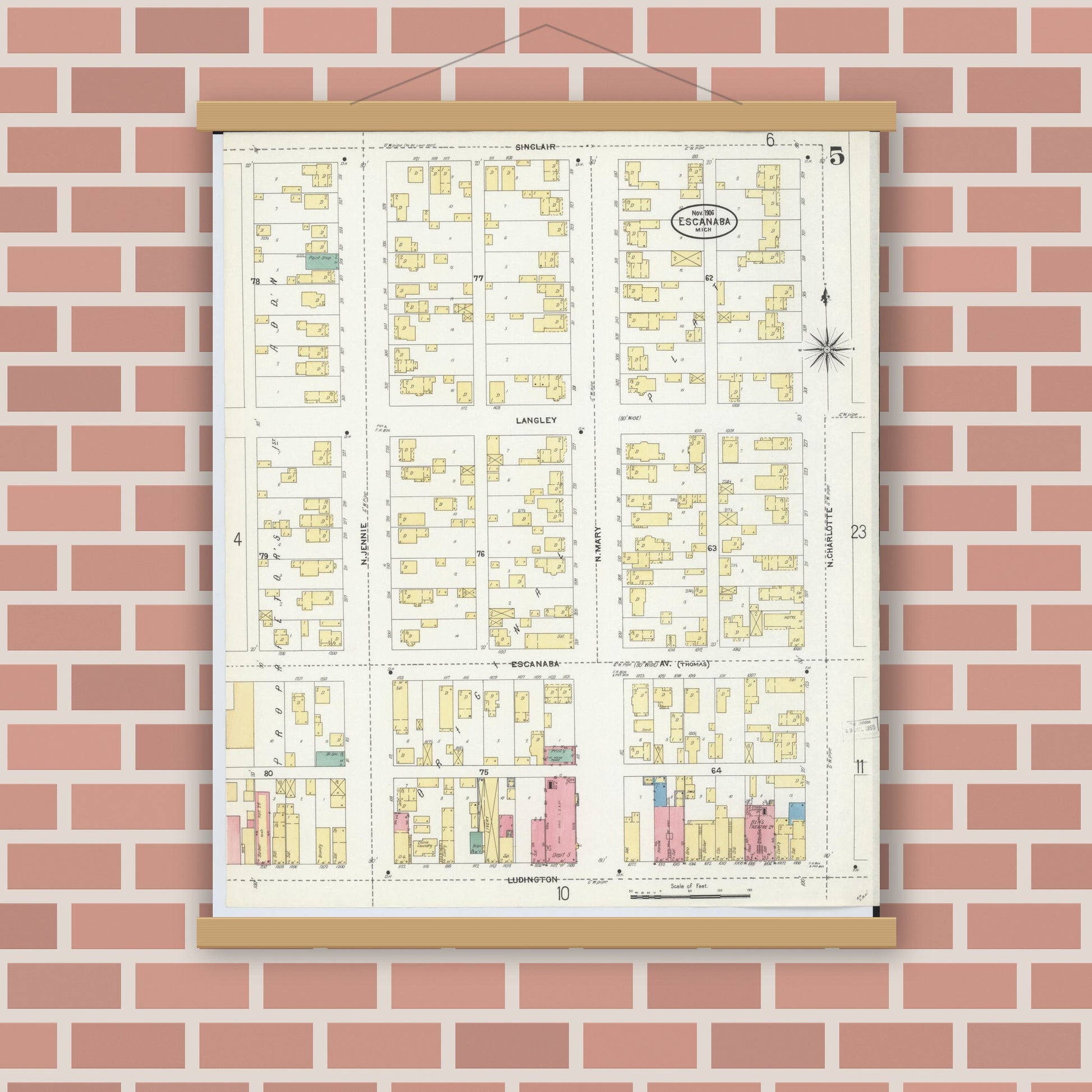 Old map wall art mockup — magnetic wood frame on brick wall — Sanborn Fire Insurance Map from Escanaba, Delta County, Michigan (1906), Sheet #0005