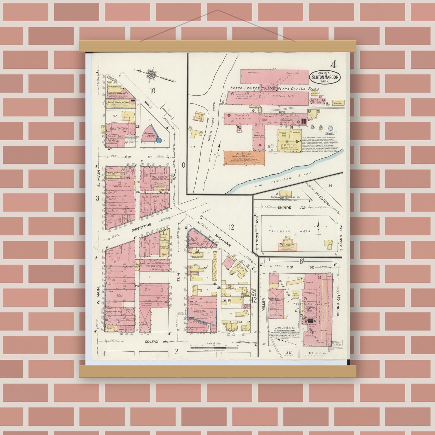Old map wall art mockup — magnetic wood frame on brick wall — Sanborn Fire Insurance Map from Benton Harbor, Berrien County, Michigan (1917), Sheet #0004