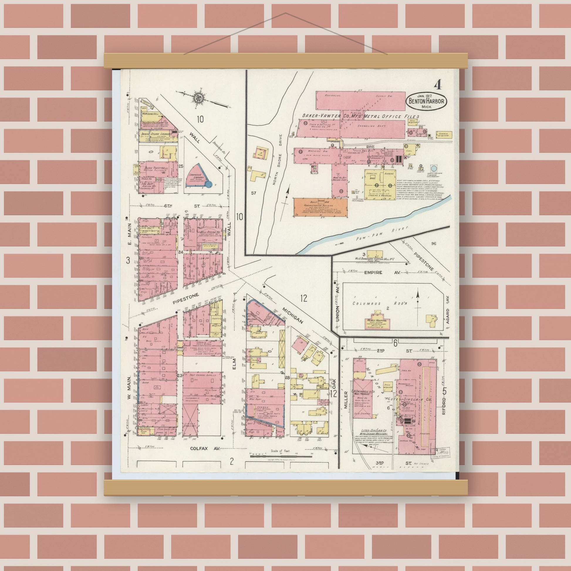 Old map wall art mockup — magnetic wood frame on brick wall — Sanborn Fire Insurance Map from Benton Harbor, Berrien County, Michigan (1917), Sheet #0004
