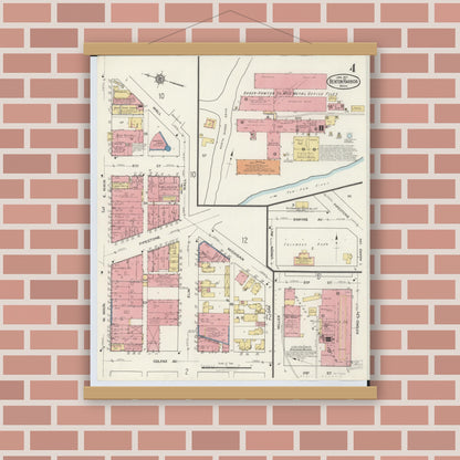 Old map wall art mockup — magnetic wood frame on brick wall — Sanborn Fire Insurance Map from Benton Harbor, Berrien County, Michigan (1917), Sheet #0004