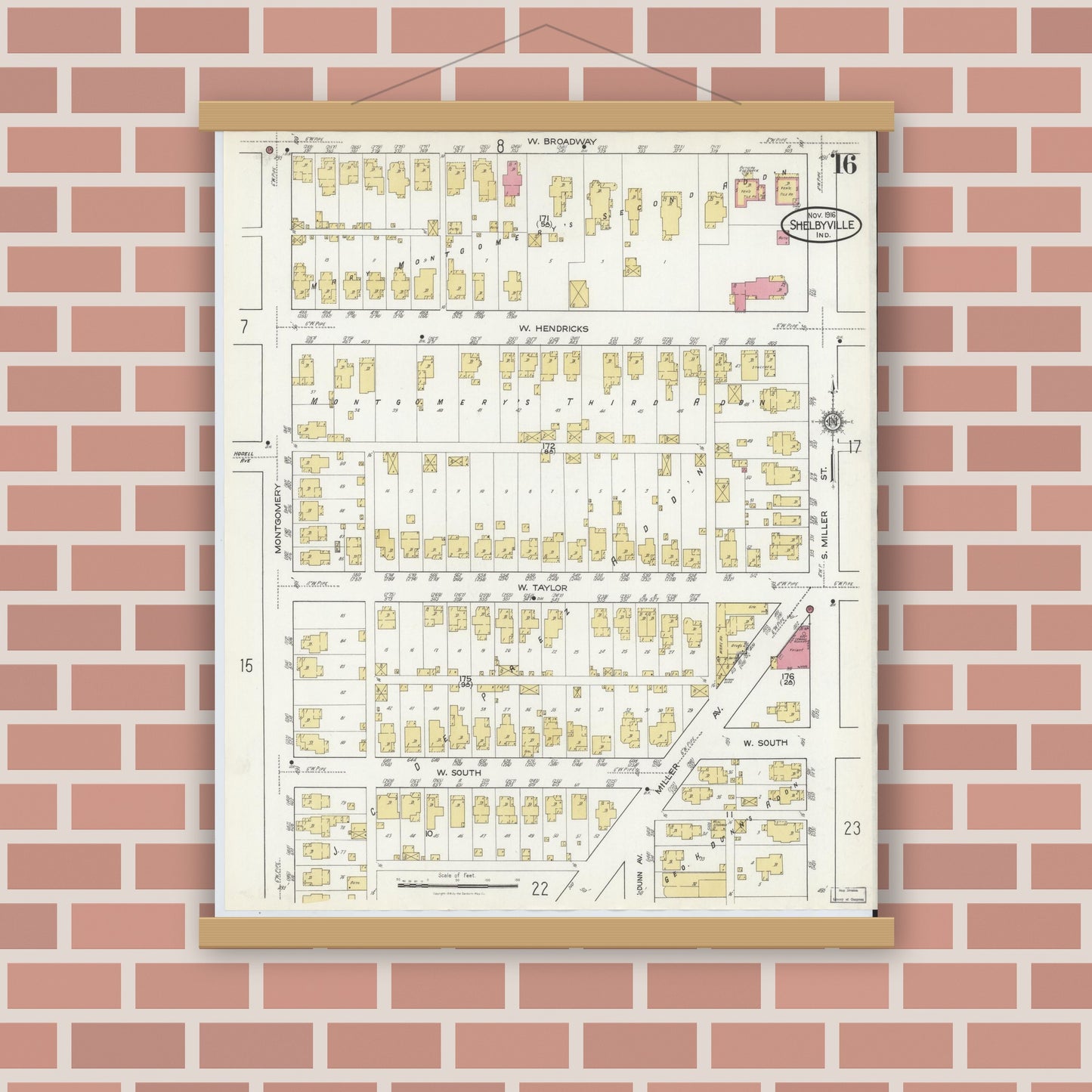 Old map wall art mockup — magnetic wood frame on brick wall — Sanborn Fire Insurance Map from Shelbyville, Shelby County, Indiana (1916), Sheet #0016