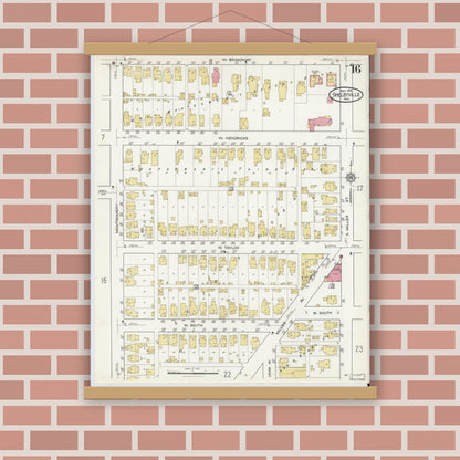 Old map wall art mockup — magnetic wood frame on brick wall — Sanborn Fire Insurance Map from Shelbyville, Shelby County, Indiana (1916), Sheet #0016