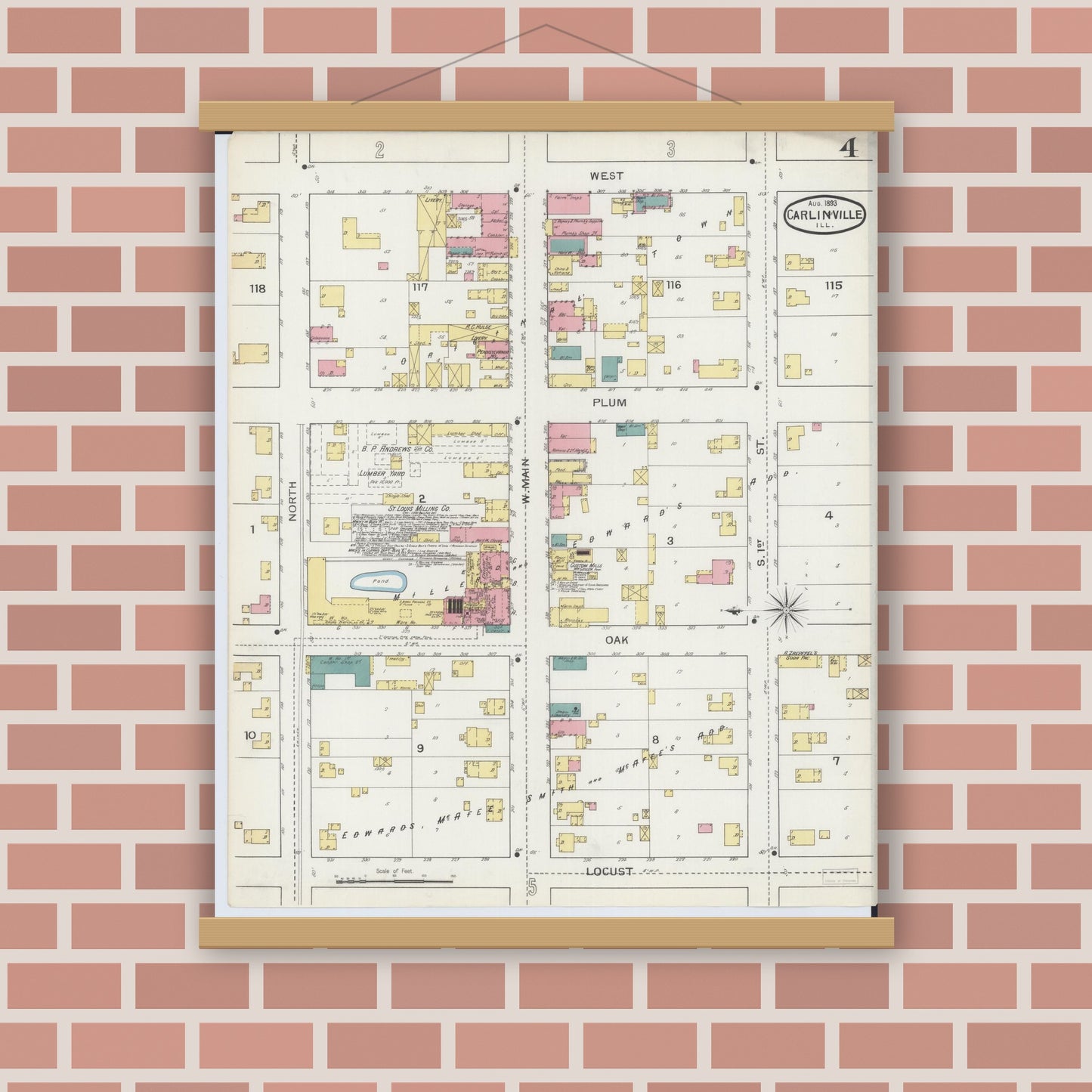 Old map wall art mockup — magnetic wood frame on brick wall — Sanborn Fire Insurance Map from Carlinville, Macoupin County, Illinois (1893), Sheet #0004
