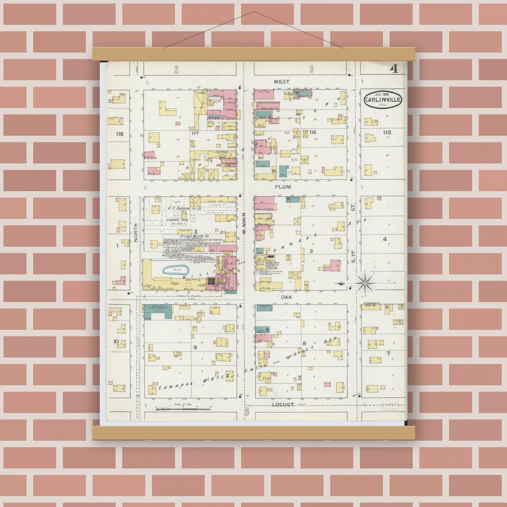 Old map wall art mockup — magnetic wood frame on brick wall — Sanborn Fire Insurance Map from Carlinville, Macoupin County, Illinois (1893), Sheet #0004