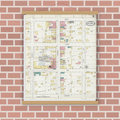 Old map wall art mockup — magnetic wood frame on brick wall — Sanborn Fire Insurance Map from Carlinville, Macoupin County, Illinois (1893), Sheet #0004