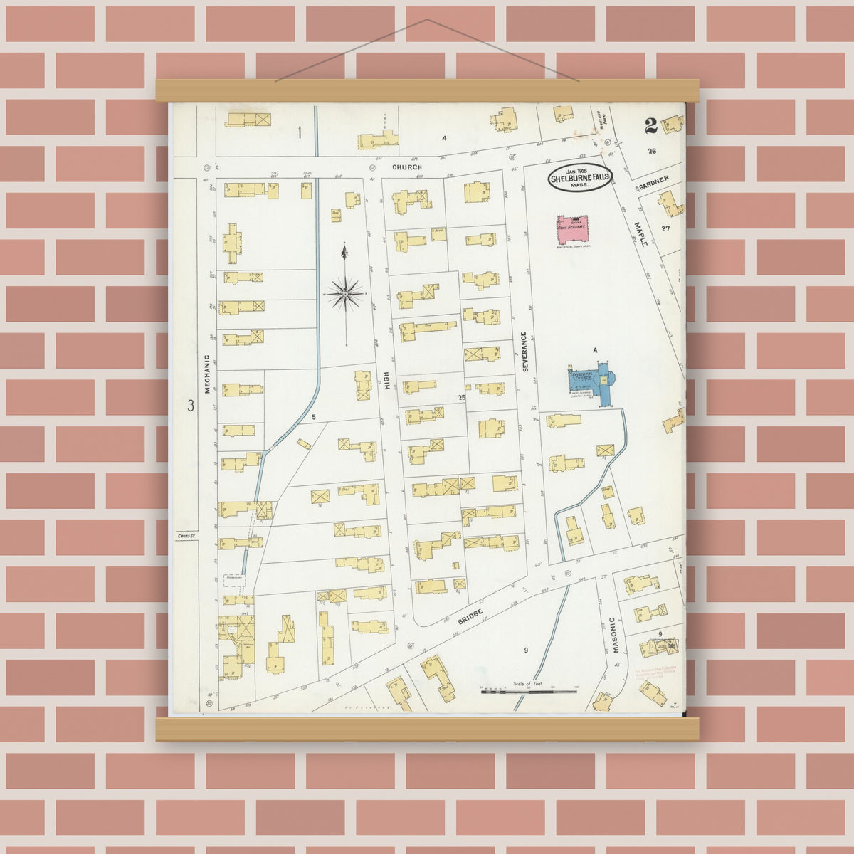 Old map wall art mockup — magnetic wood frame on brick wall — Sanborn Fire Insurance Map from Shelburne Falls, Franklin County, Massachusetts (1905), Sheet #0002
