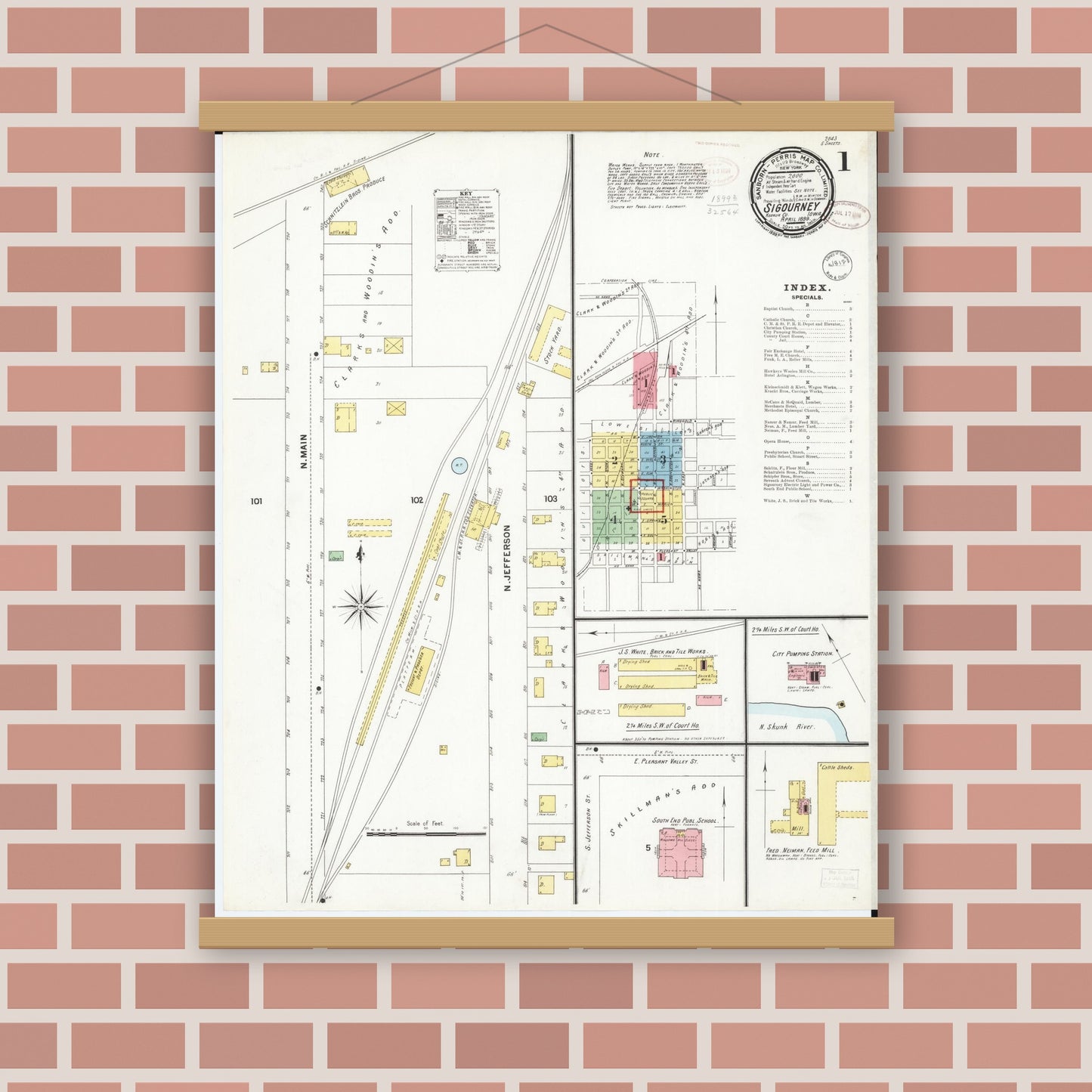 Old map wall art mockup — magnetic wood frame on brick wall — Sanborn Fire Insurance Map from Sigourney, Kiokuk County, Iowa (1899) â€” Complete Set
