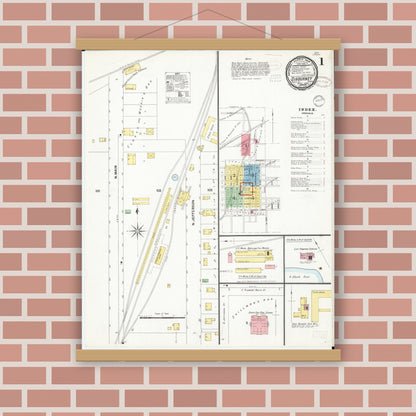 Old map wall art mockup — magnetic wood frame on brick wall — Sanborn Fire Insurance Map from Sigourney, Kiokuk County, Iowa (1899) â€” Complete Set