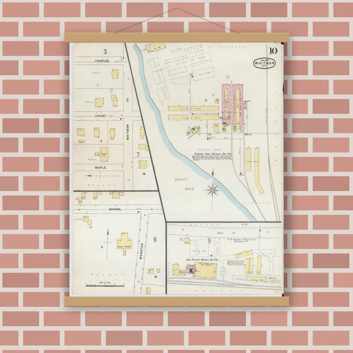 Old map wall art mockup — magnetic wood frame on brick wall — Sanborn Fire Insurance Map from Whitman, Plymouth County, Massachusetts (1896), Sheet #0010