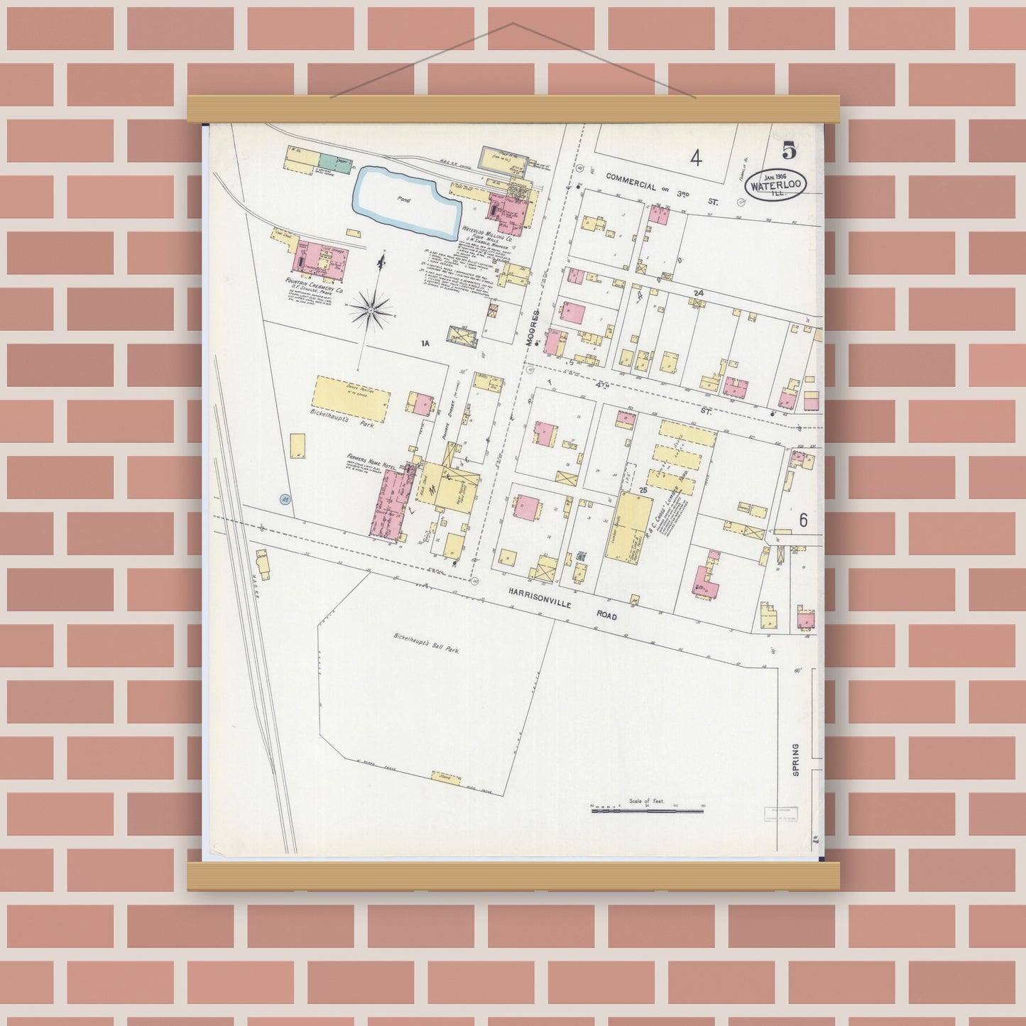 Old map wall art mockup — magnetic wood frame on brick wall — Sanborn Fire Insurance Map from Waterloo, Monroe County, Illinois (1906), Sheet #0005