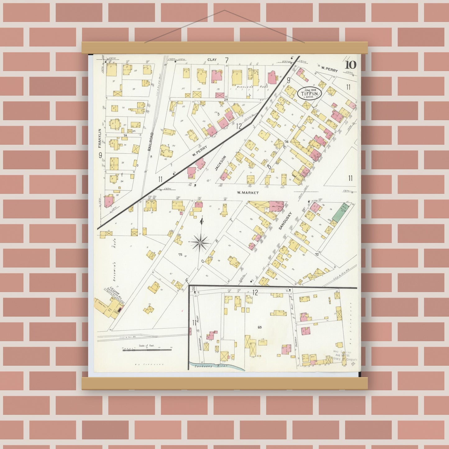 Old map wall art mockup — magnetic wood frame on brick wall — Sanborn Fire Insurance Map from Tiffin, Seneca County, Ohio (1908), Sheet #0010