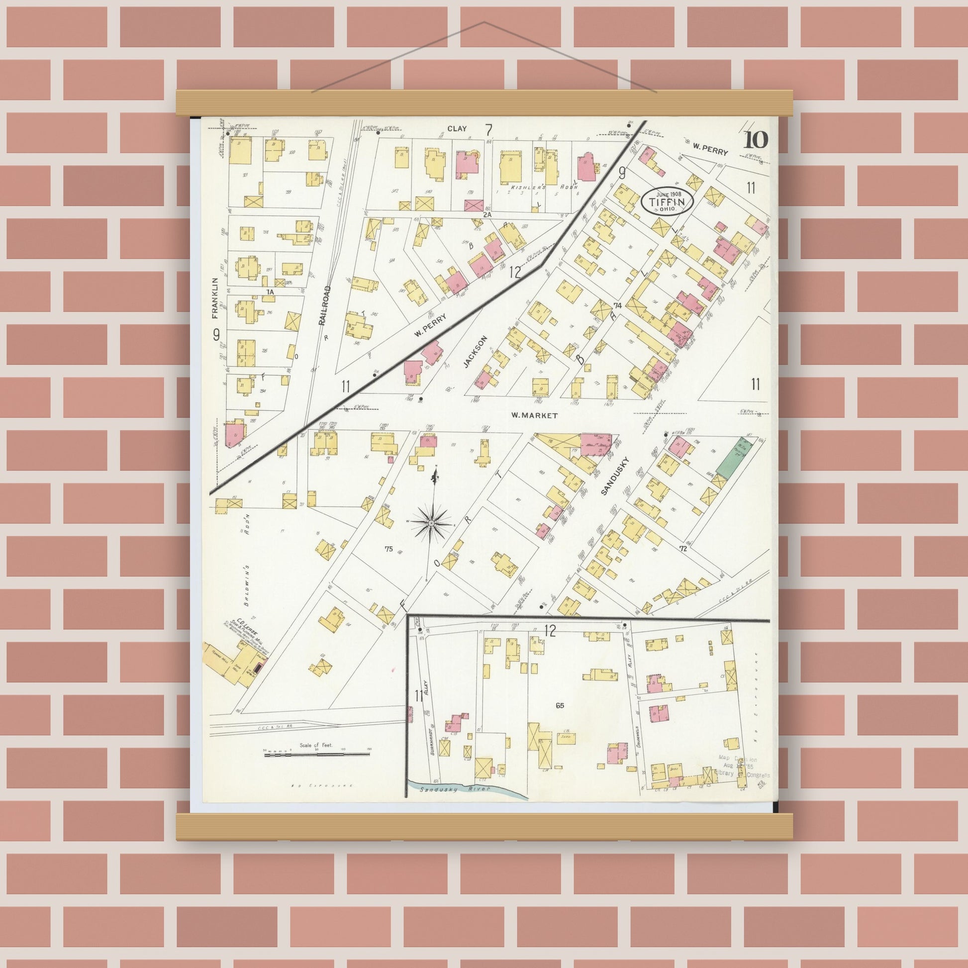 Old map wall art mockup — magnetic wood frame on brick wall — Sanborn Fire Insurance Map from Tiffin, Seneca County, Ohio (1908), Sheet #0010